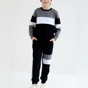 Boys 2-Piece Tracksuit Set 5-6T Black‎ Gray Colorblock Pullover + Joggers New